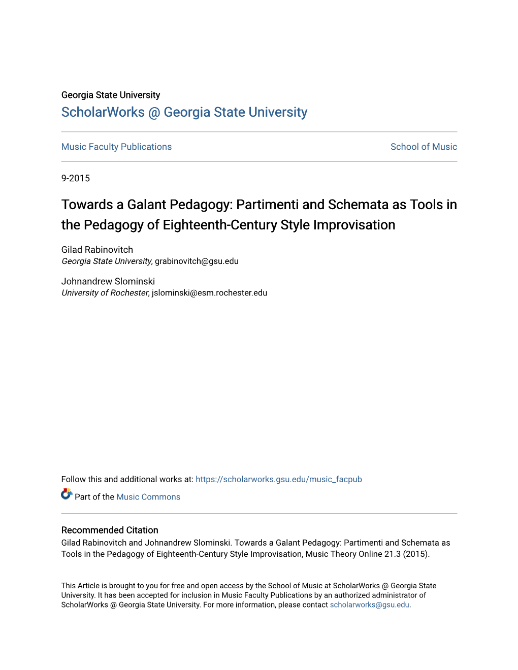 Towards a Galant Pedagogy: Partimenti and Schemata As Tools in the Pedagogy of Eighteenth-Century Style Improvisation