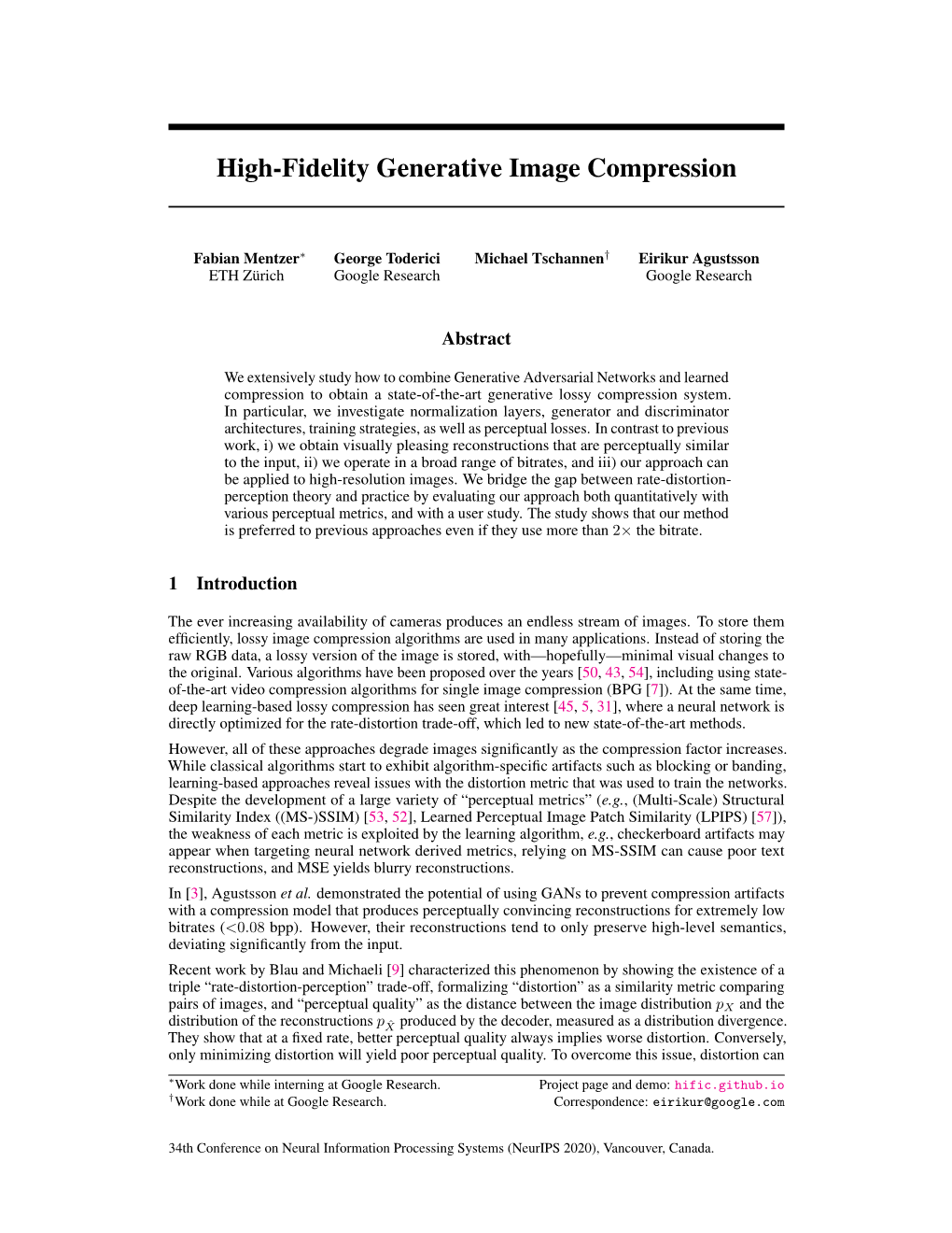 High-Fidelity Generative Image Compression