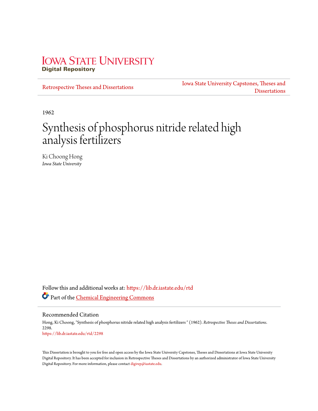 Synthesis of Phosphorus Nitride Related High Analysis Fertilizers Ki Choong Hong Iowa State University