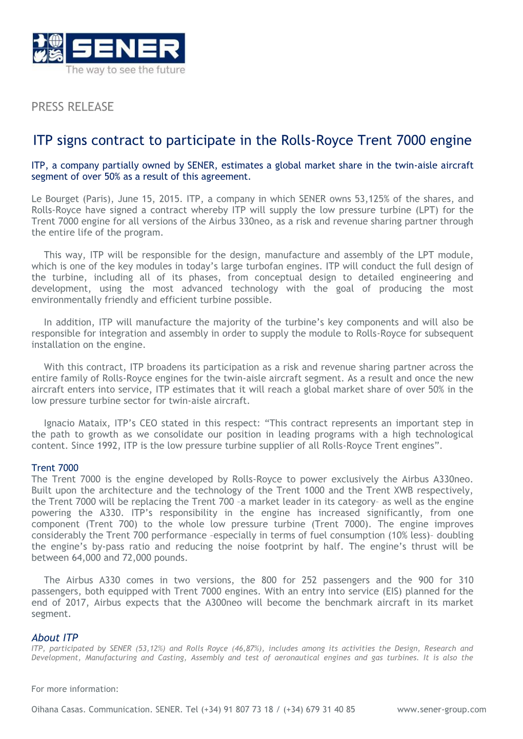 ITP Signs Contract to Participate in the Rolls-Royce Trent 7000 Engine