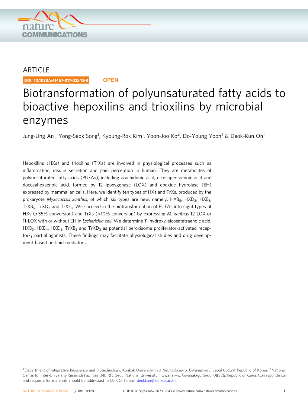 Biotransformation of Polyunsaturated Fatty Acids to Bioactive Hepoxilins and Trioxilins by Microbial Enzymes