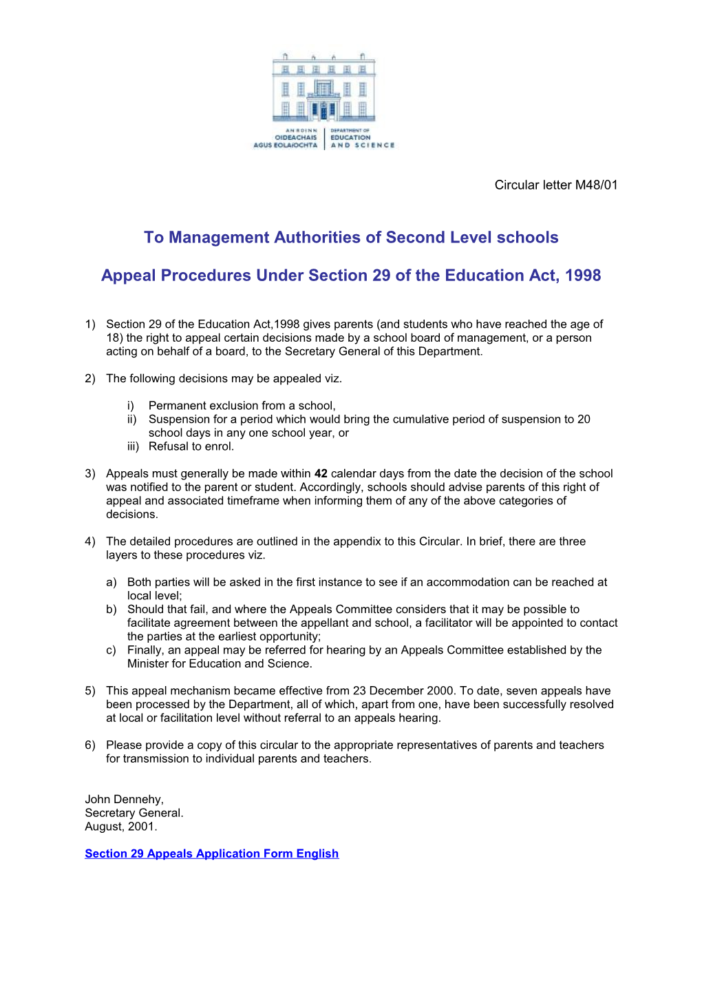 Circular M48/01 Appeal Procedures Under Section 29 of the Education Act, 1998. (File Word