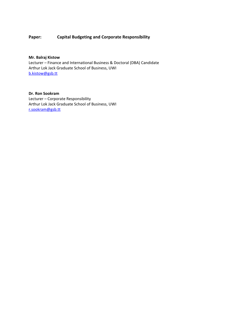 Paper: Capital Budgeting and Corporate Responsibility