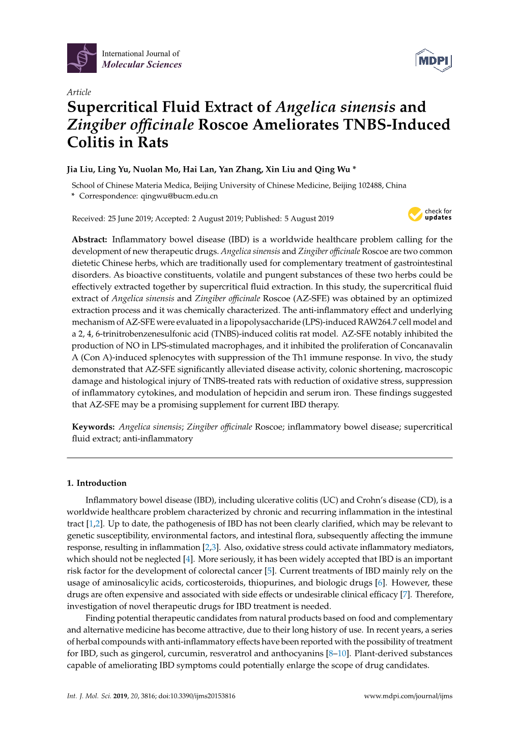 Supercritical Fluid Extract of Angelica Sinensis and Zingiber Officinale