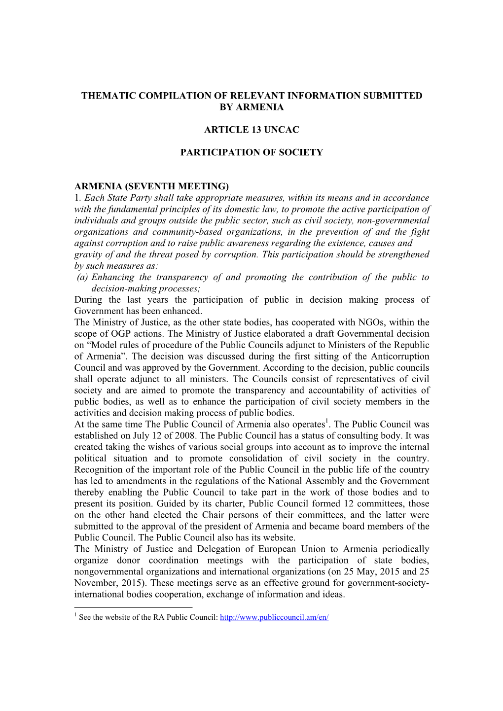 Thematic Compilation of Relevant Information Submitted by Armenia Article 13 Uncac Participation of Society Armenia (Seventh