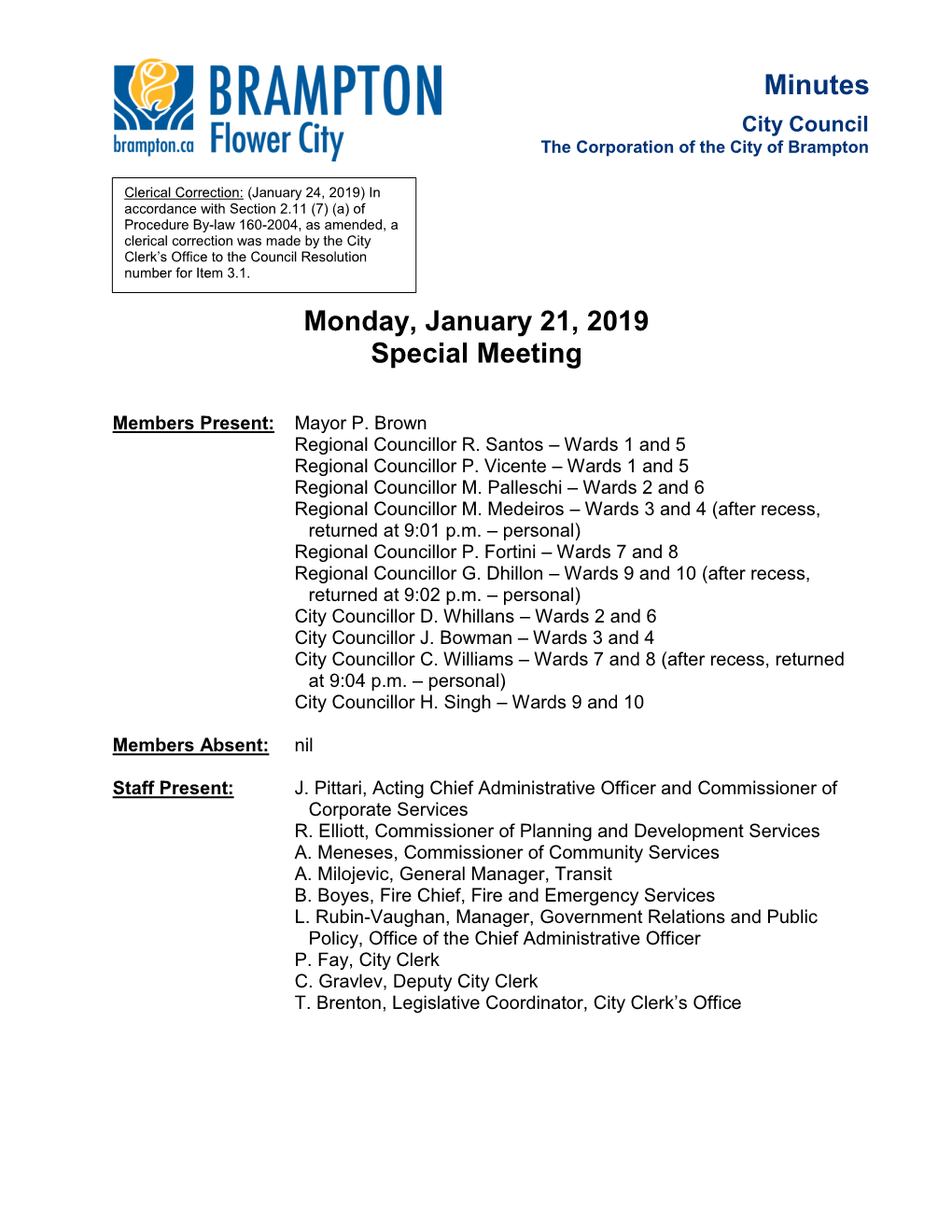 Special Council Minutes for January 23, 2019