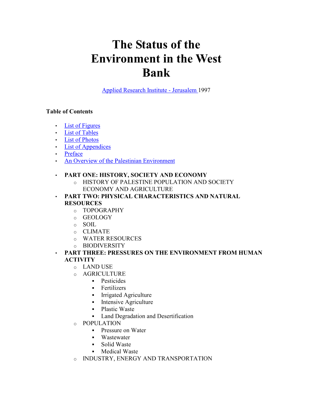 The Status of the Environment in the West Bank