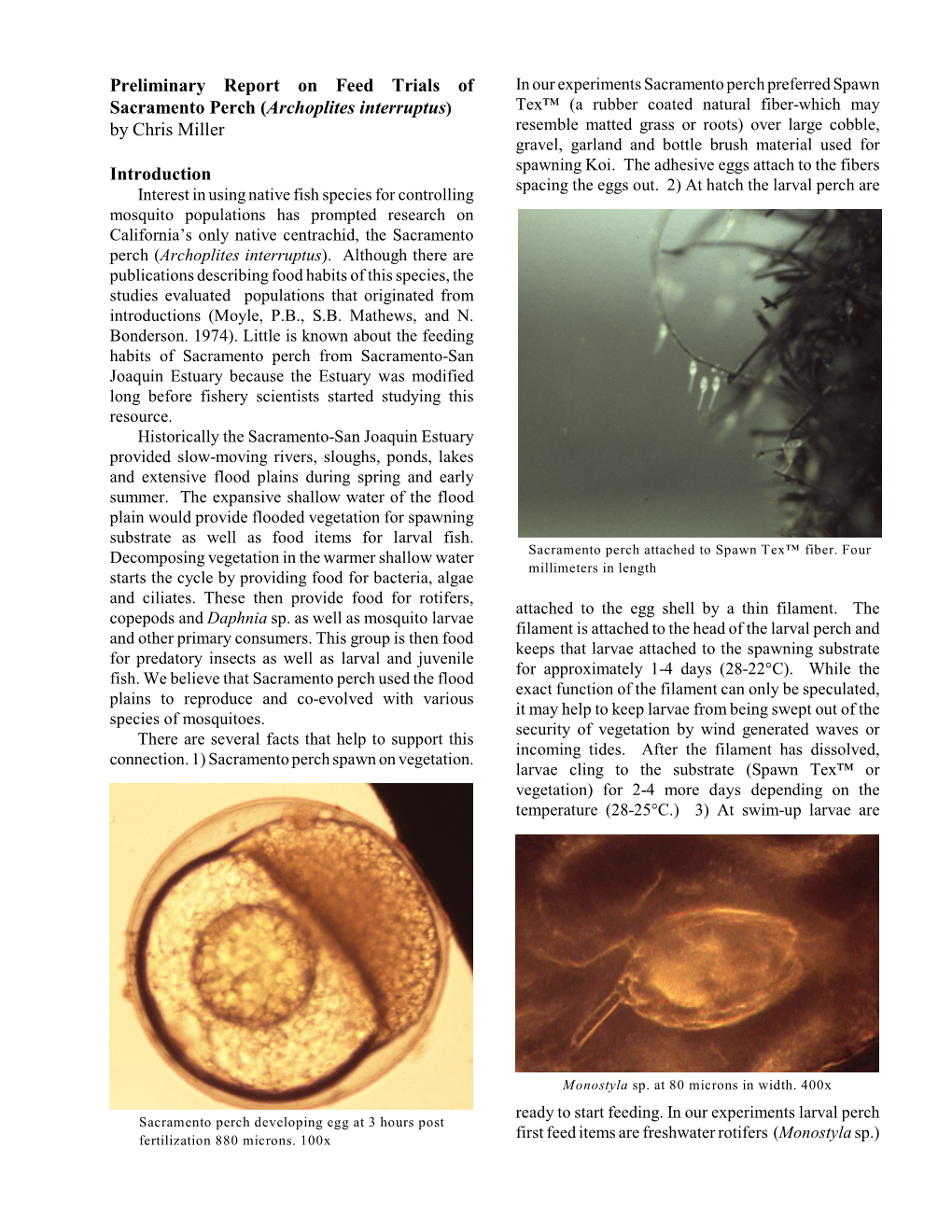 Preliminary Report on Feed Trials of Sacramento Perch