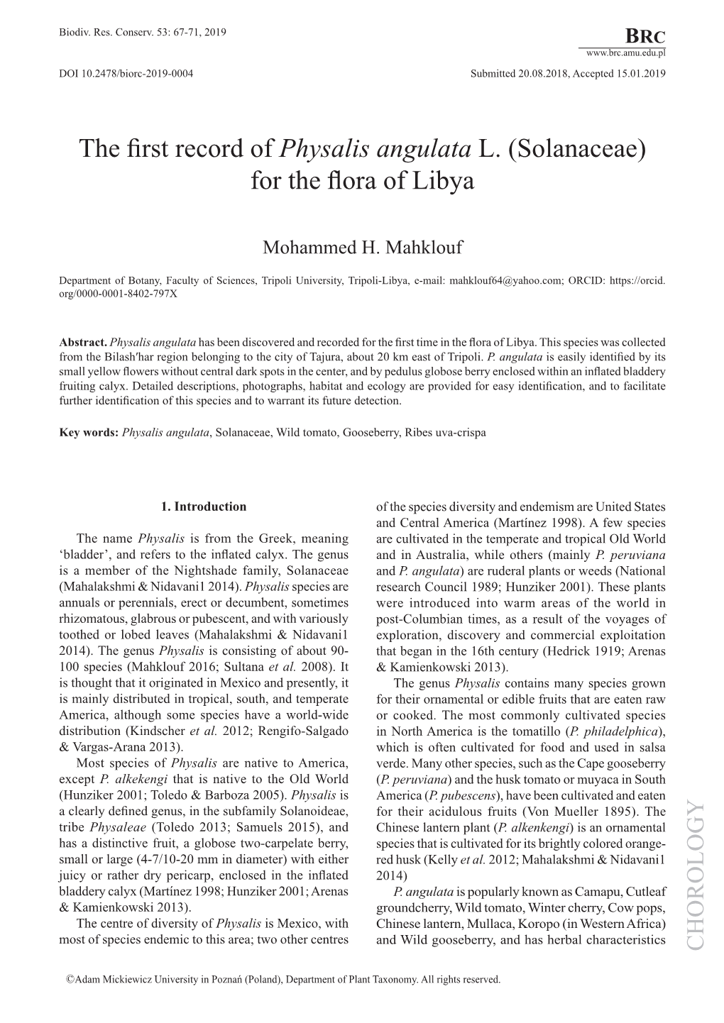 The First Record of Physalis Angulata L. (Solanaceae) for the Flora of Libya