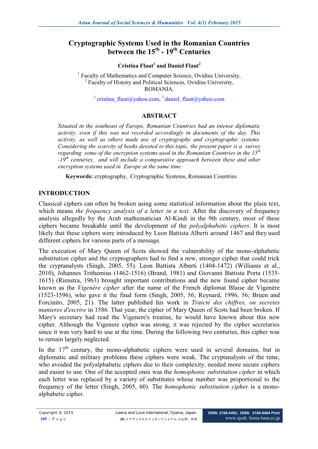 Cryptographic Systems Used in the Romanian Countries Between the 15Th - 19Th Centuries