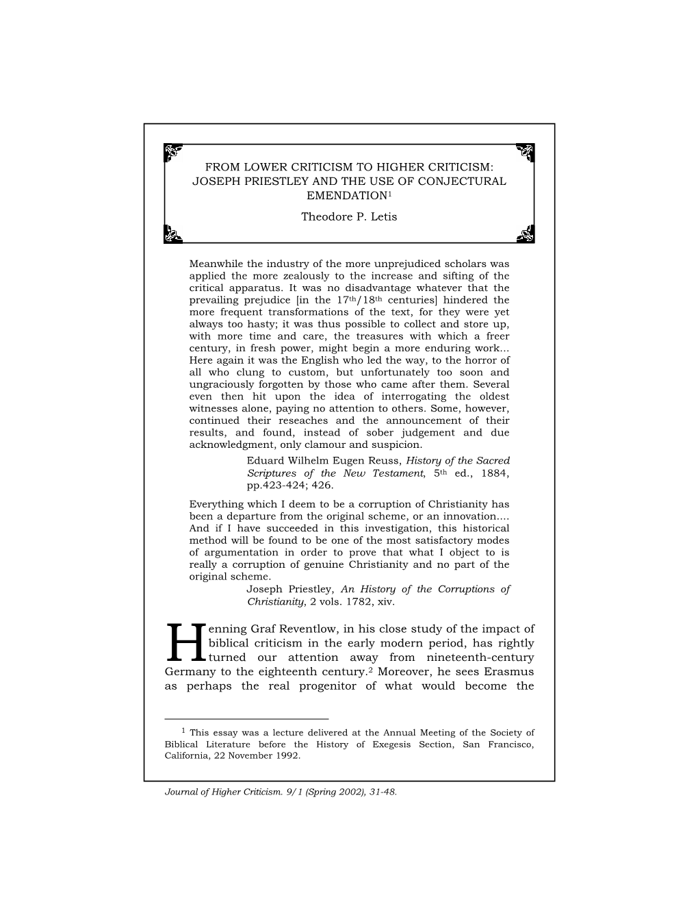 From Lower Criticism to Higher Criticism: Joseph Priestley and the Use of Conjectural Emendation in an Early Quest for The