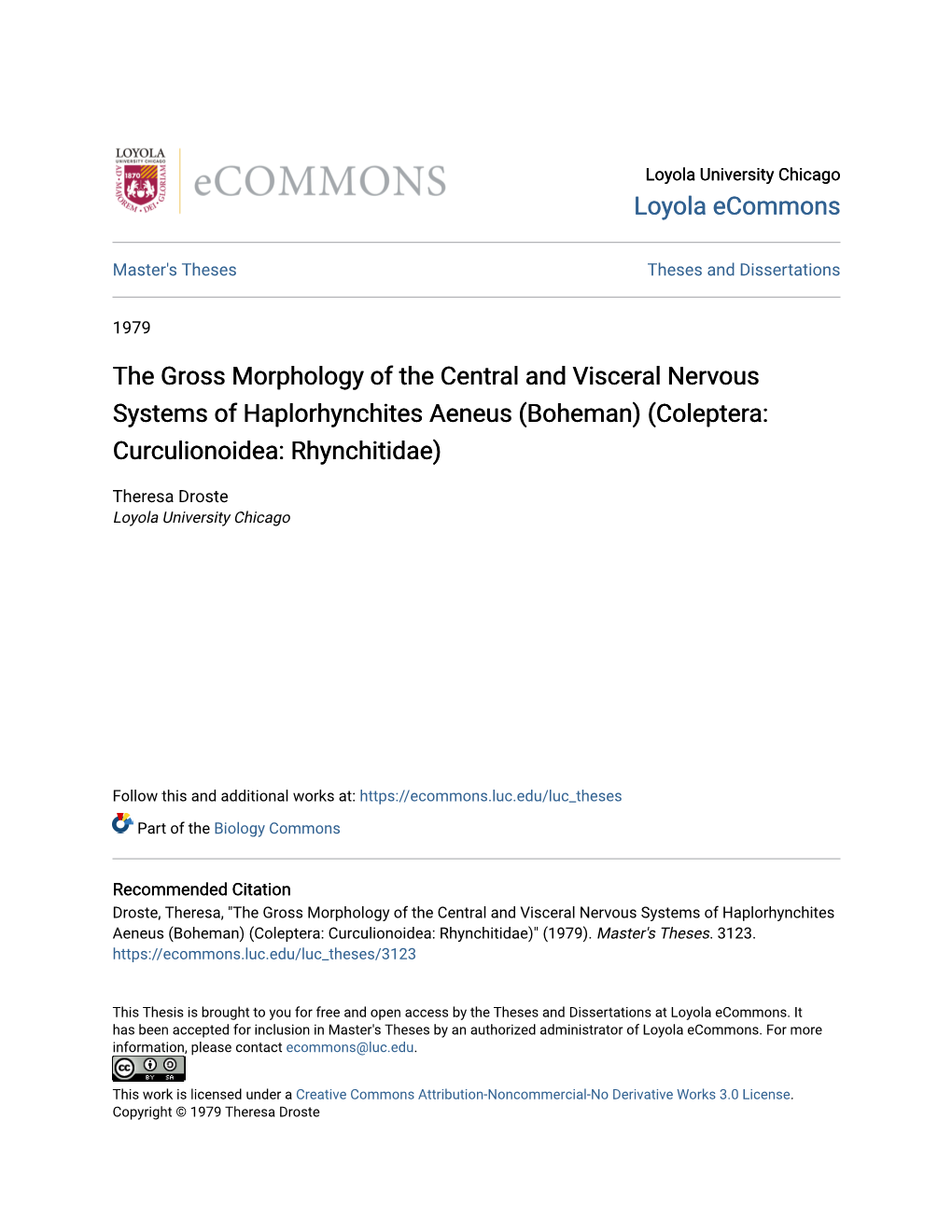 The Gross Morphology of the Central and Visceral Nervous Systems of Haplorhynchites Aeneus (Boheman) (Coleptera: Curculionoidea: Rhynchitidae)