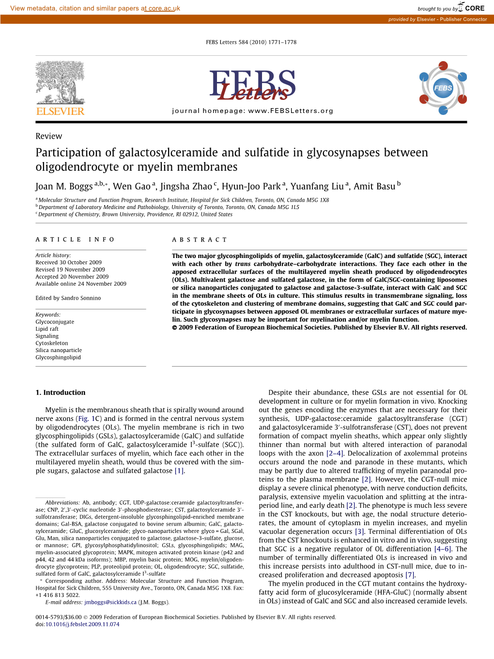 Participation of Galactosylceramide and Sulfatide in Glycosynapses Between Oligodendrocyte Or Myelin Membranes