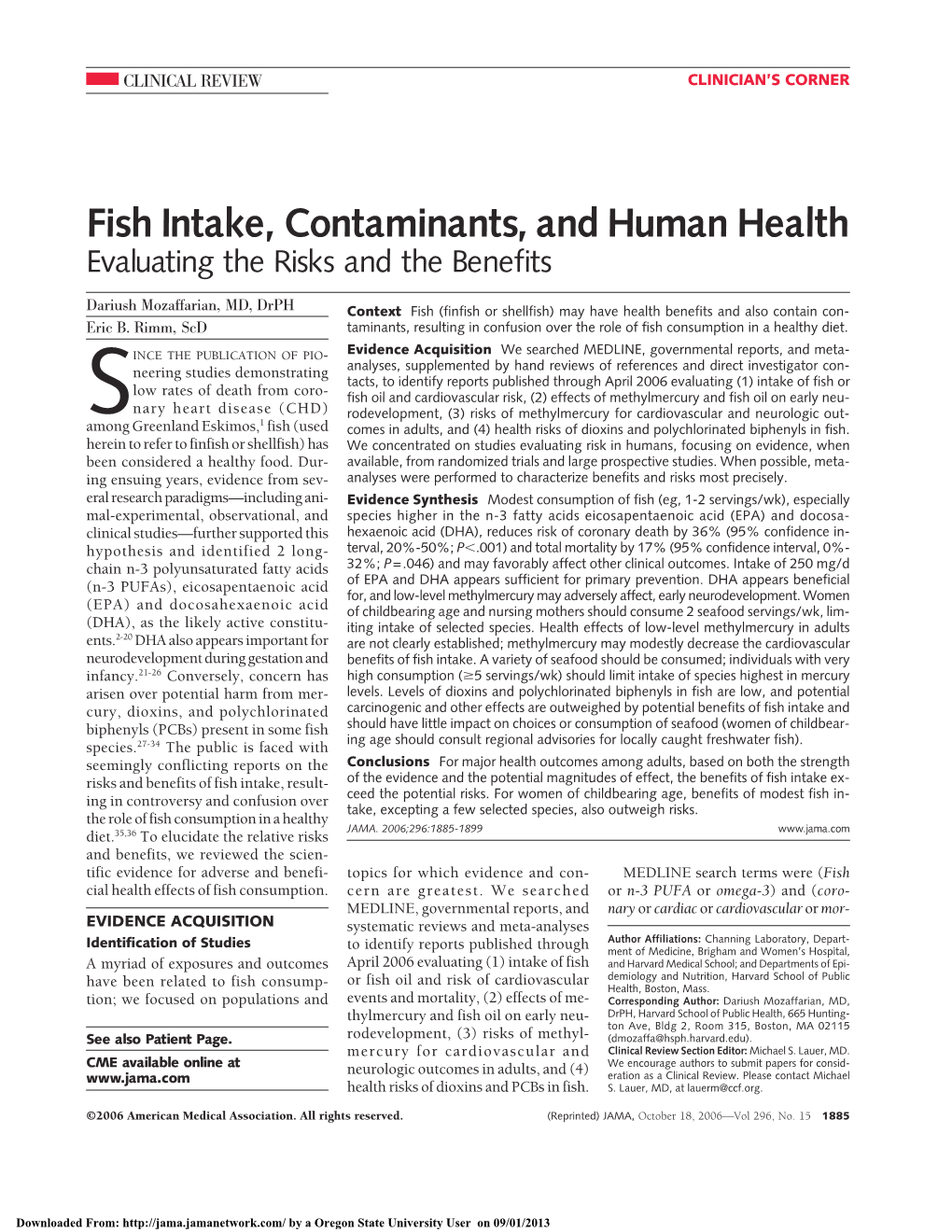 Fish Intake, Contaminants, and Human Health, Evaluating The