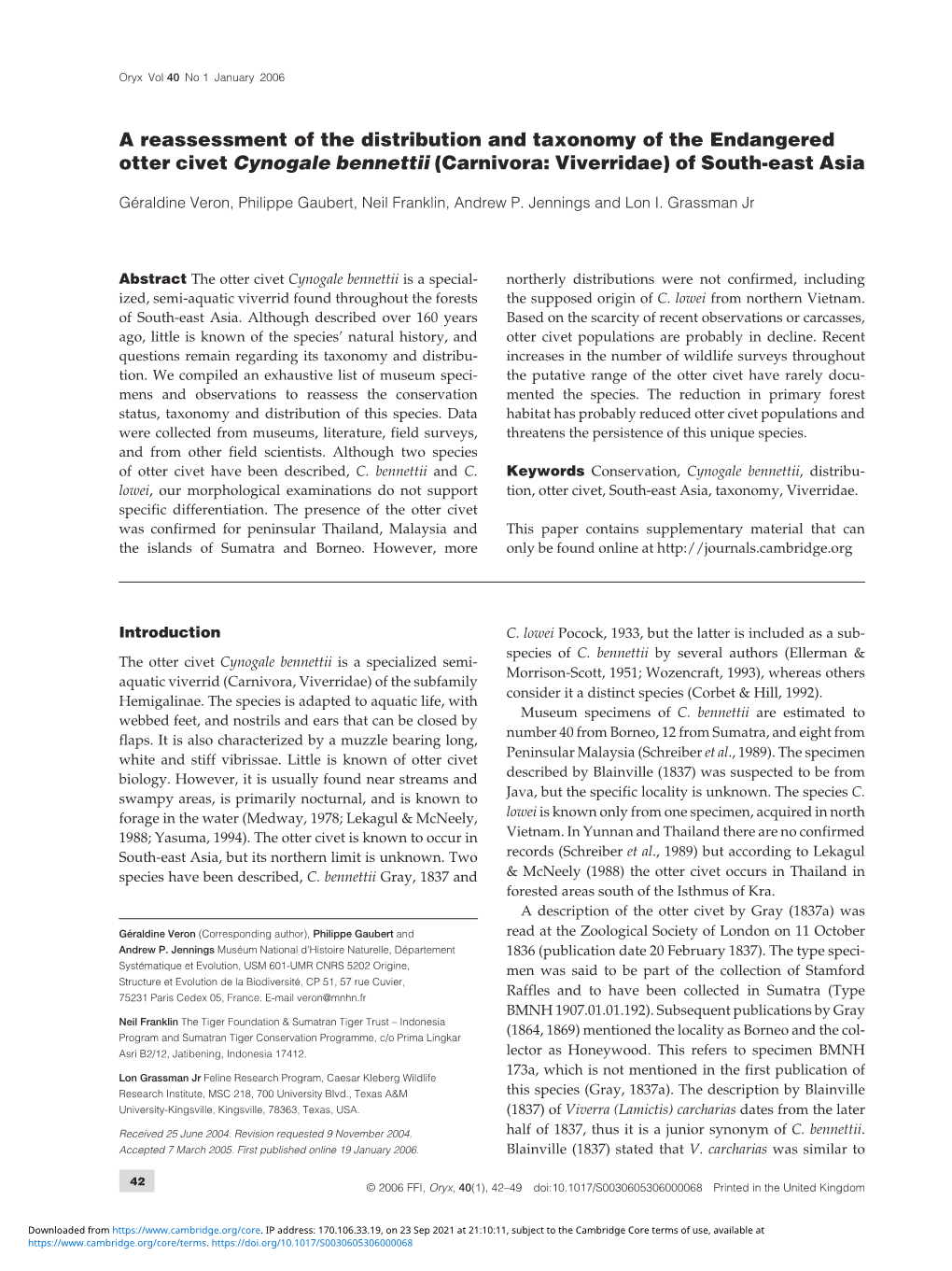 A Reassessment of the Distribution and Taxonomy of the Endangered Otter Civet Cynogale Bennettii (Carnivora: Viverridae) of South-East Asia