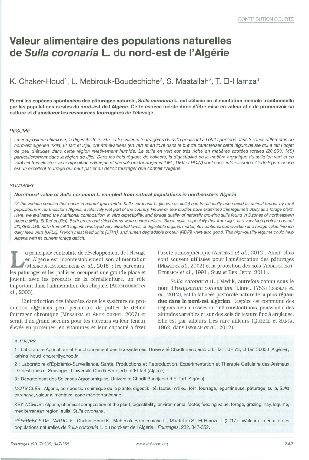 Valeur Alimentaire Des Populations Naturelles De Sulla Coronaria L. Du Nord-Est De L'algérie