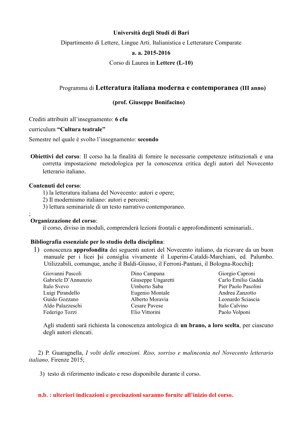 Programma Di Letteratura Italiana Moderna E Contemporanea (III Anno)