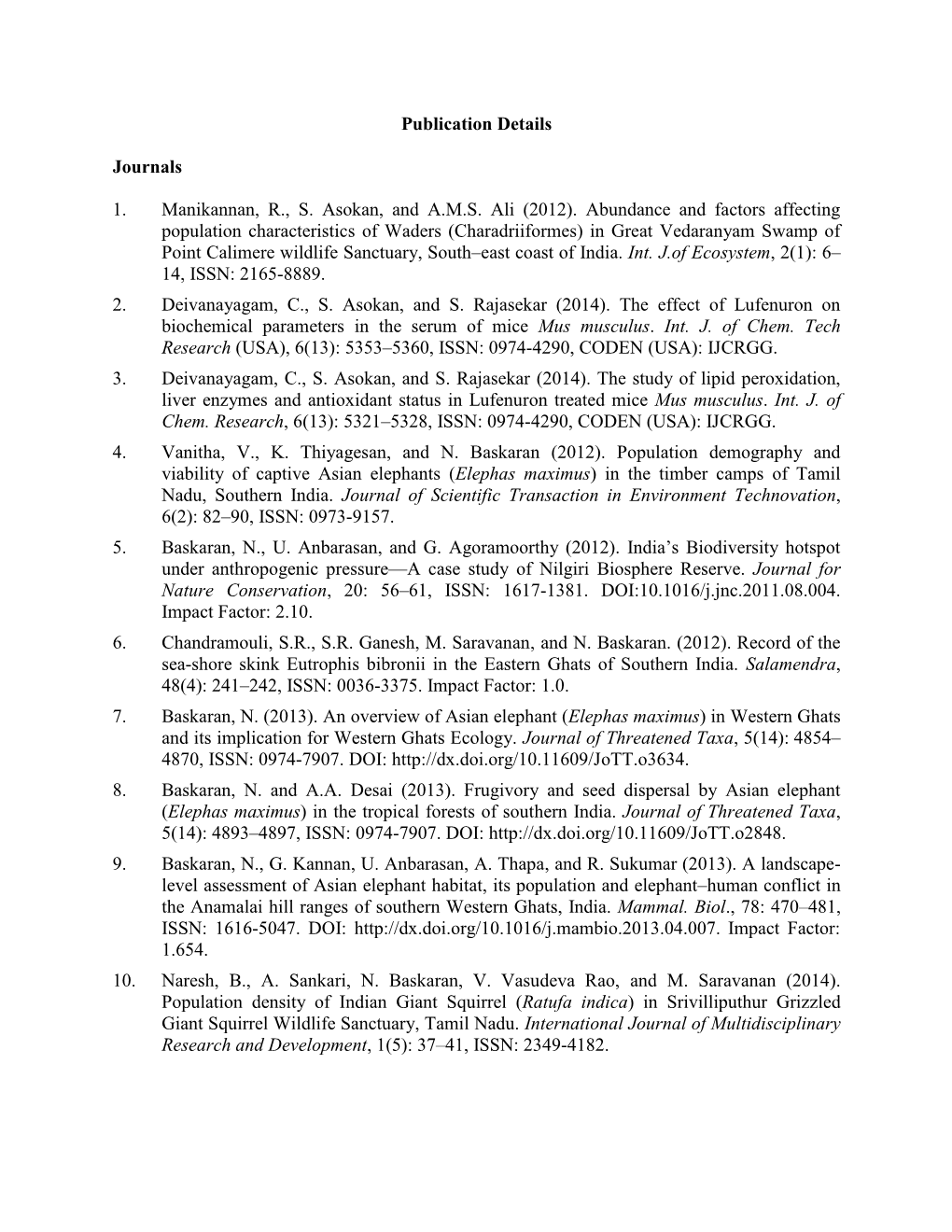 Publication Details Journals 1. Manikannan, R., S. Asokan, and A.M.S. Ali (2012). Abundance and Factors Affecting Population