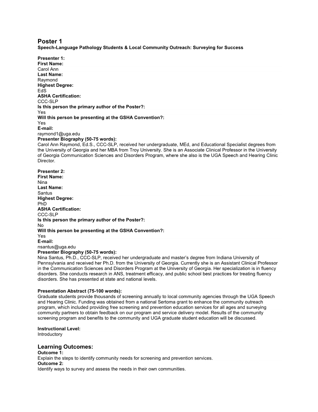 Poster 1 Speech-Language Pathology Students & Local Community Outreach: Surveying for Success