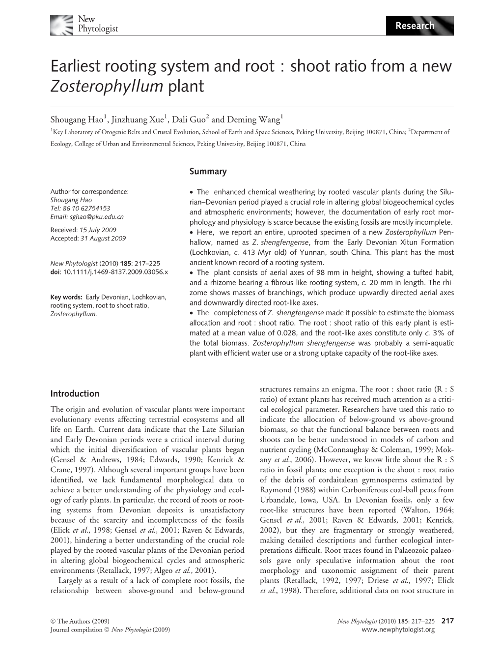 Shoot Ratio from a New Zosterophyllum Plant