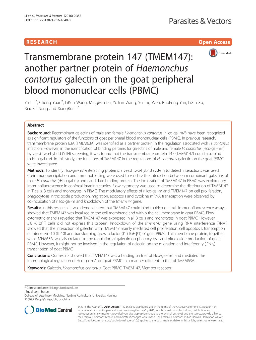 (TMEM147): Another Partner Protein of Haemonchus Contortus Galectin On