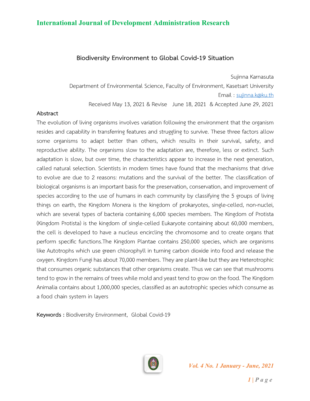 Biodiversity Environment to Global Covid-19 Situation