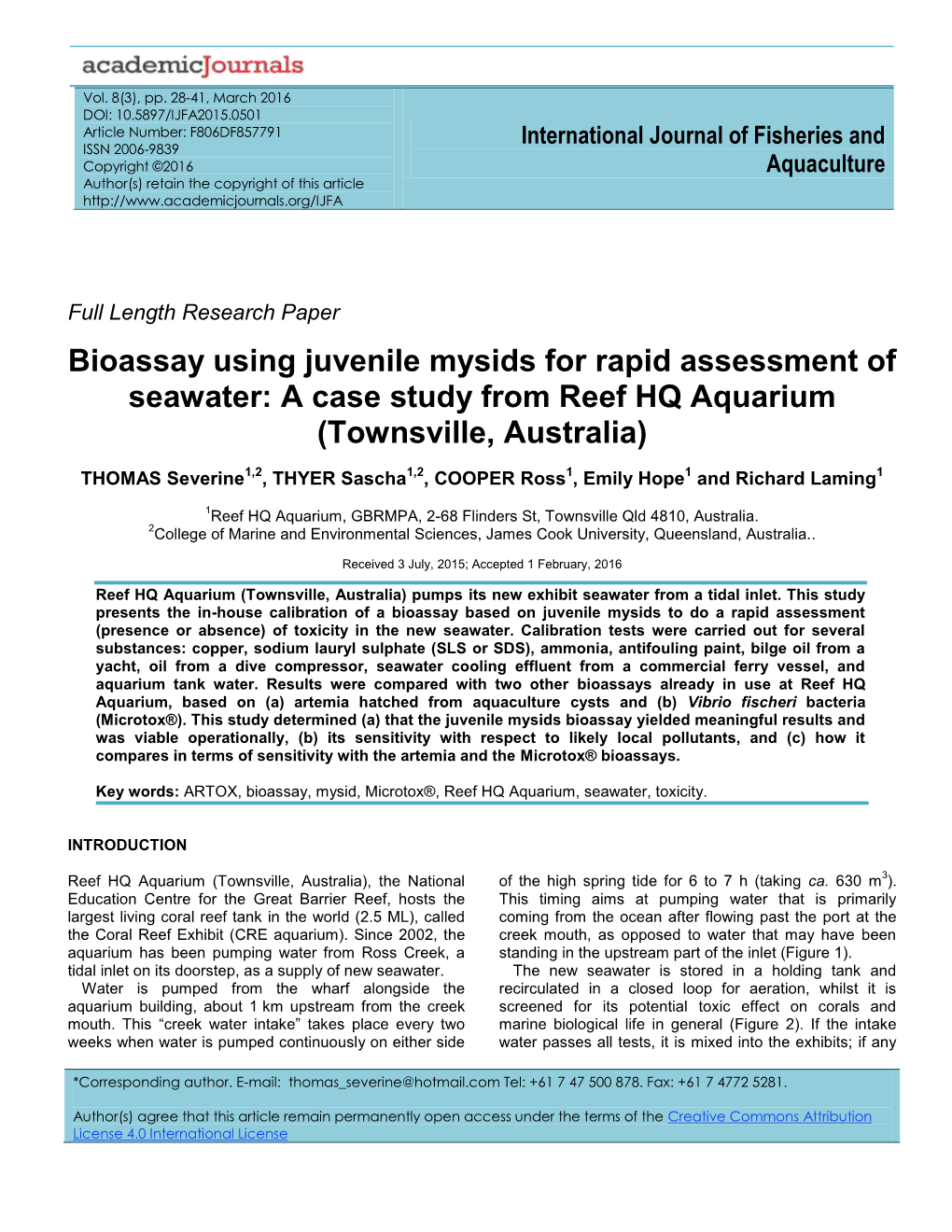 Bioassay Using Juvenile Mysids for Rapid Assessment of Seawater: a Case Study from Reef HQ Aquarium (Townsville, Australia)