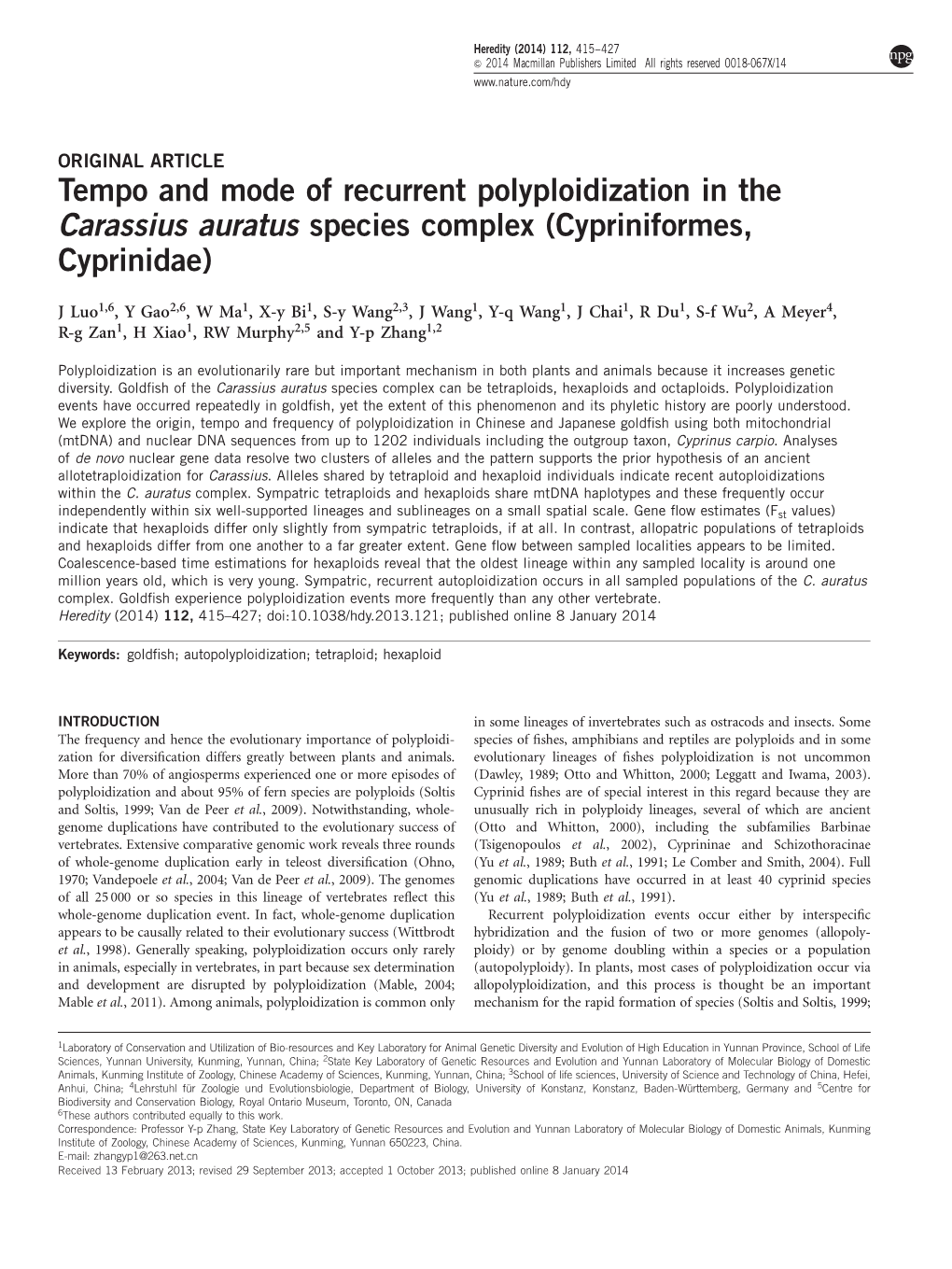 Tempo and Mode of Recurrent Polyploidization in the Carassius Auratus Species Complex (Cypriniformes, Cyprinidae)