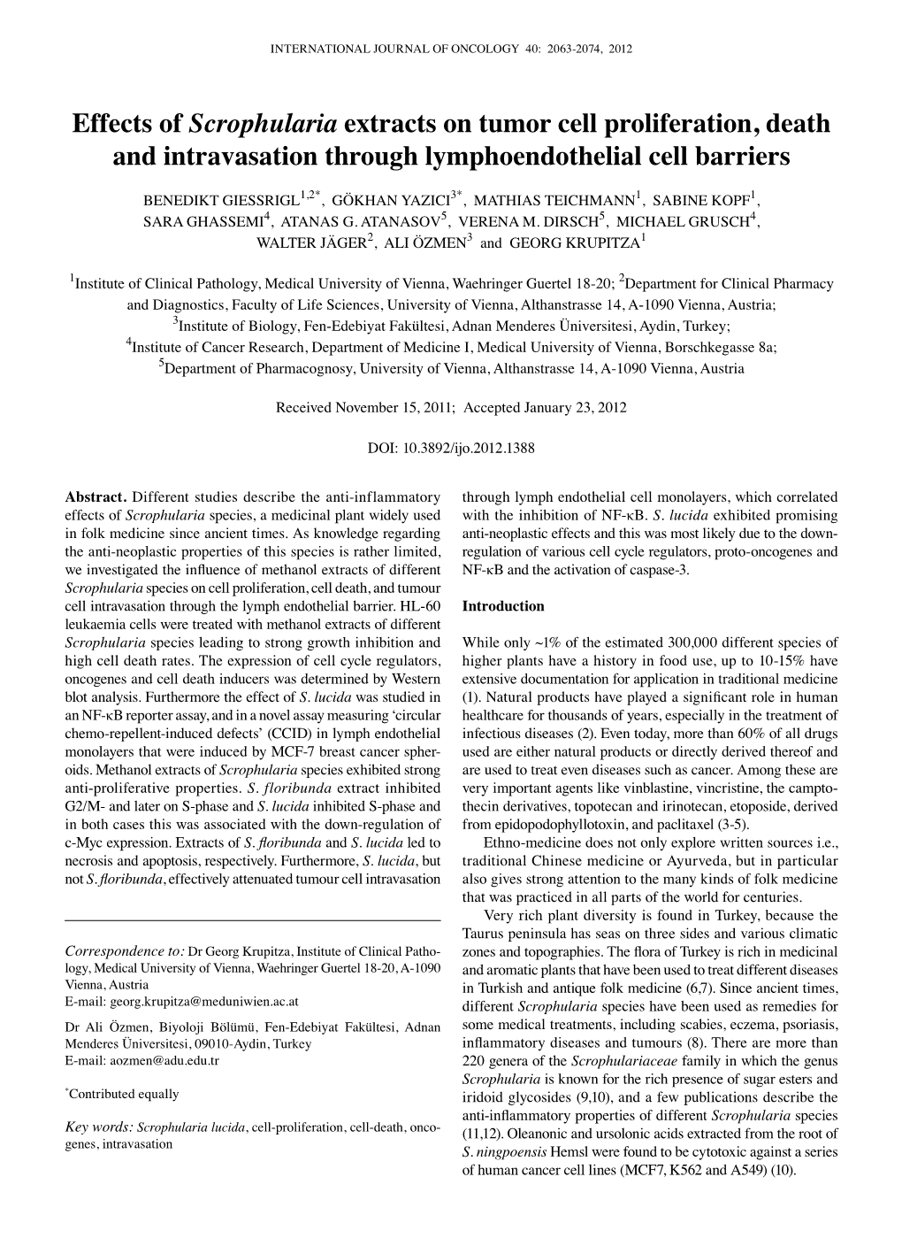 Effects of Scrophularia Extracts on Tumor Cell Proliferation, Death and Intravasation Through Lymphoendothelial Cell Barriers