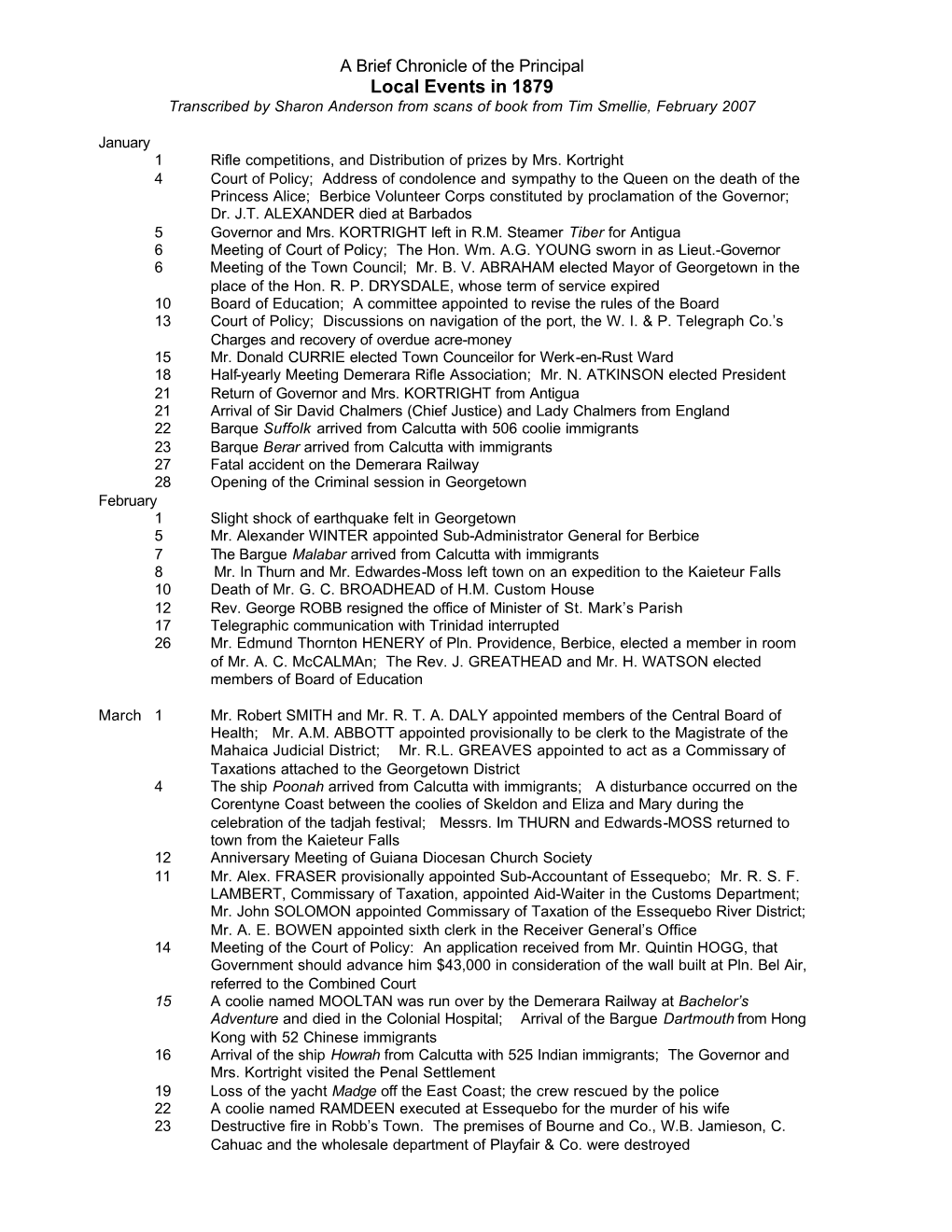 Local Events in 1879 Transcribed by Sharon Anderson from Scans of Book from Tim Smellie, February 2007