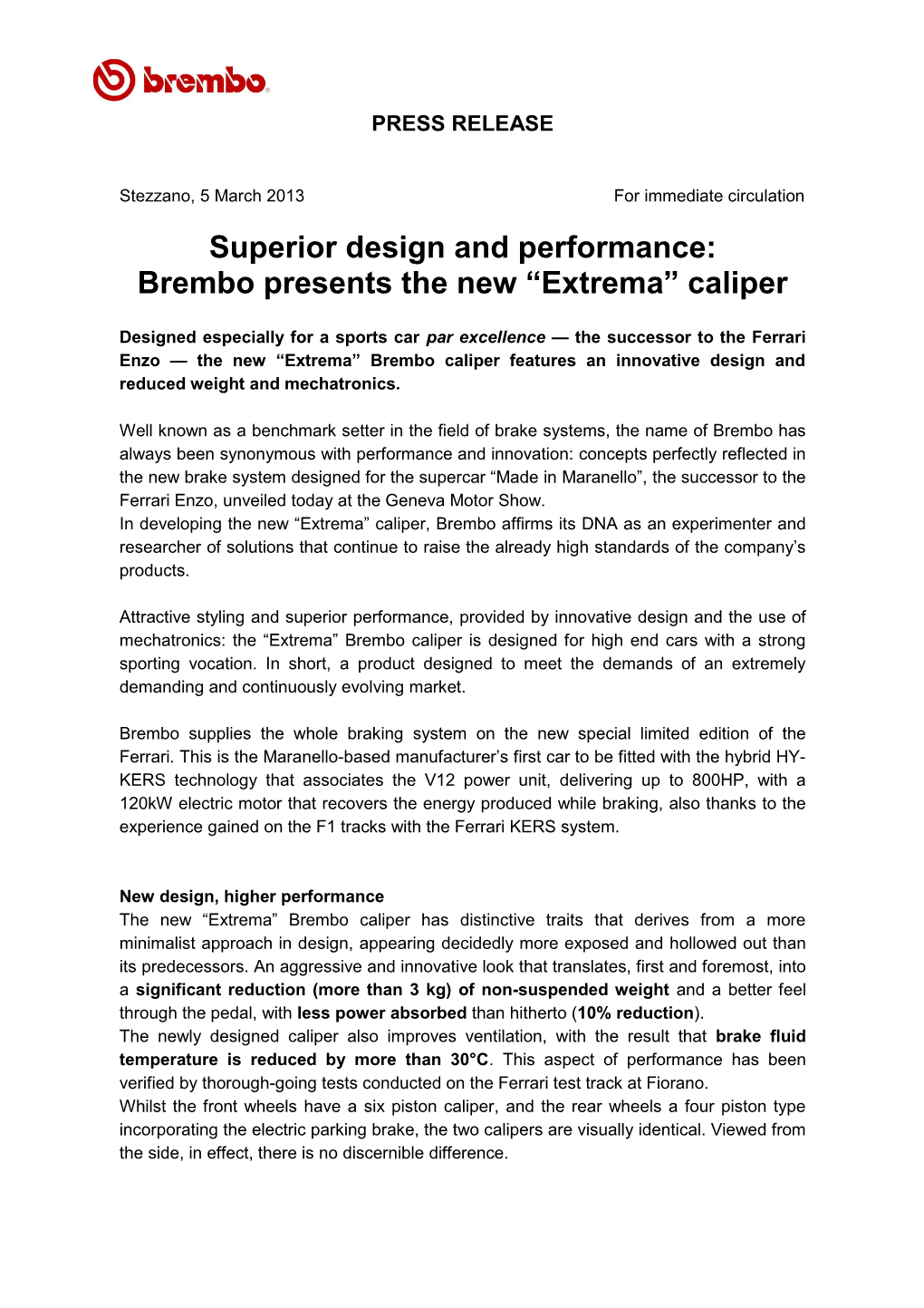 Superior Design and Performance: Brembo Presents the New “Extrema” Caliper