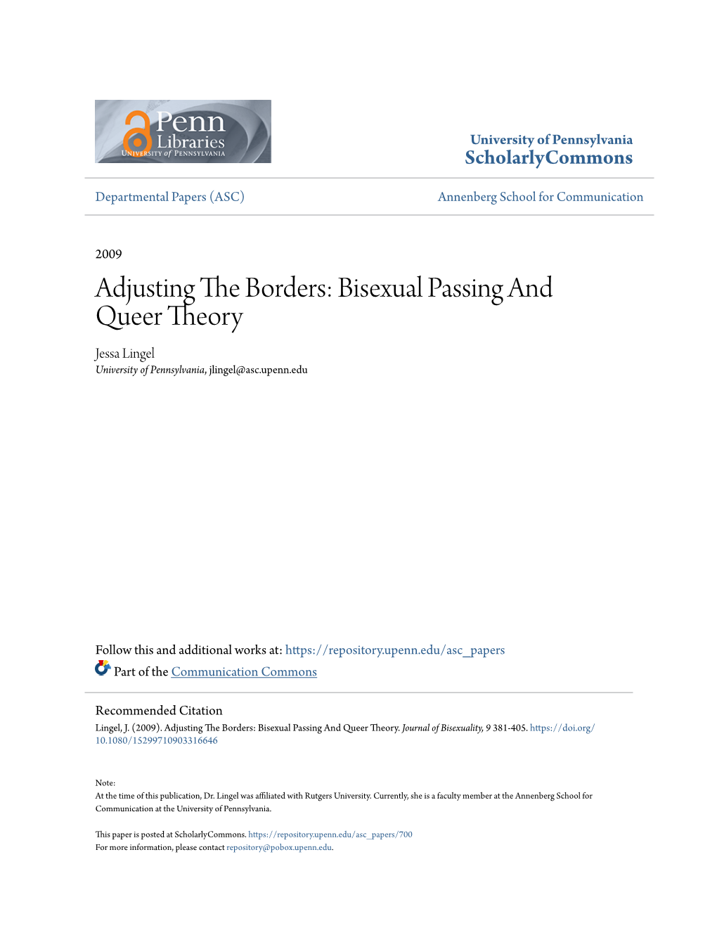 Bisexual Passing and Queer Theory Jessa Lingel University of Pennsylvania, Jlingel@Asc.Upenn.Edu