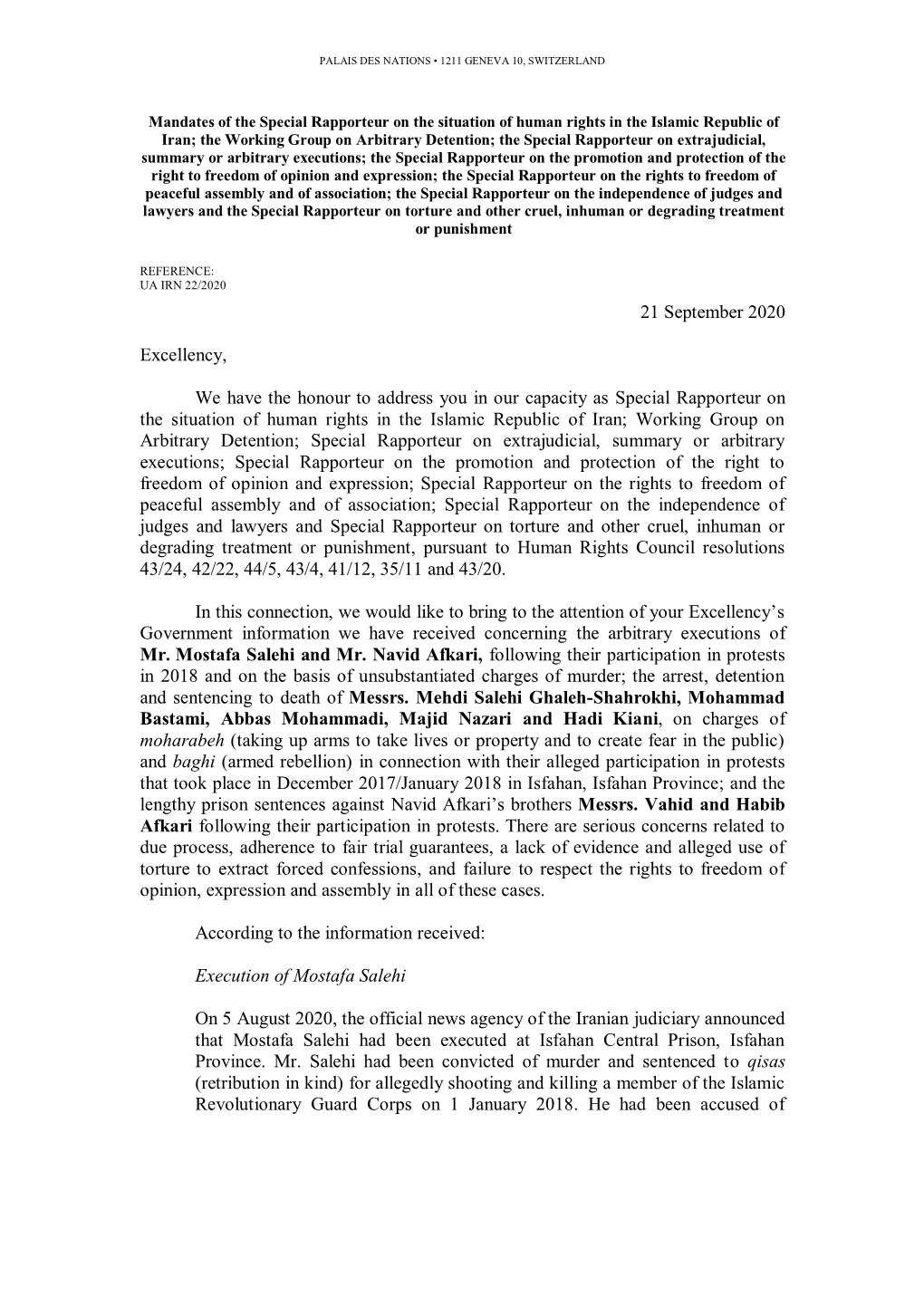 21 September 2020 Excellency, We Have the Honour to Address You in Our Capacity As Special Rapporteur on the Situation of Human