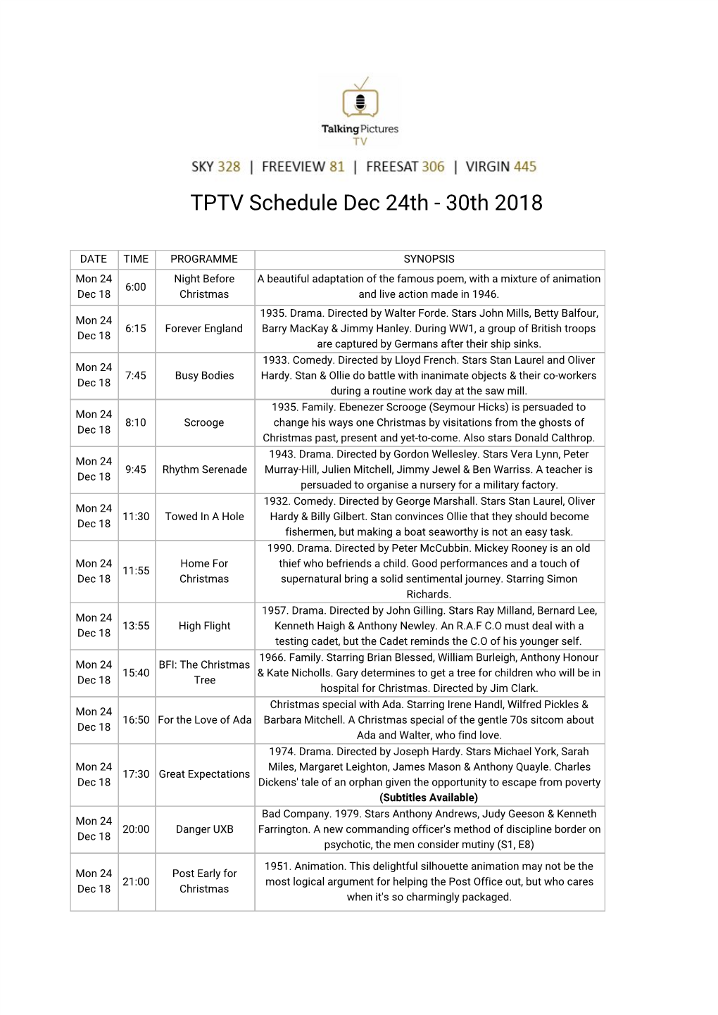 TPTV Schedule Dec 24Th - 30Th 2018