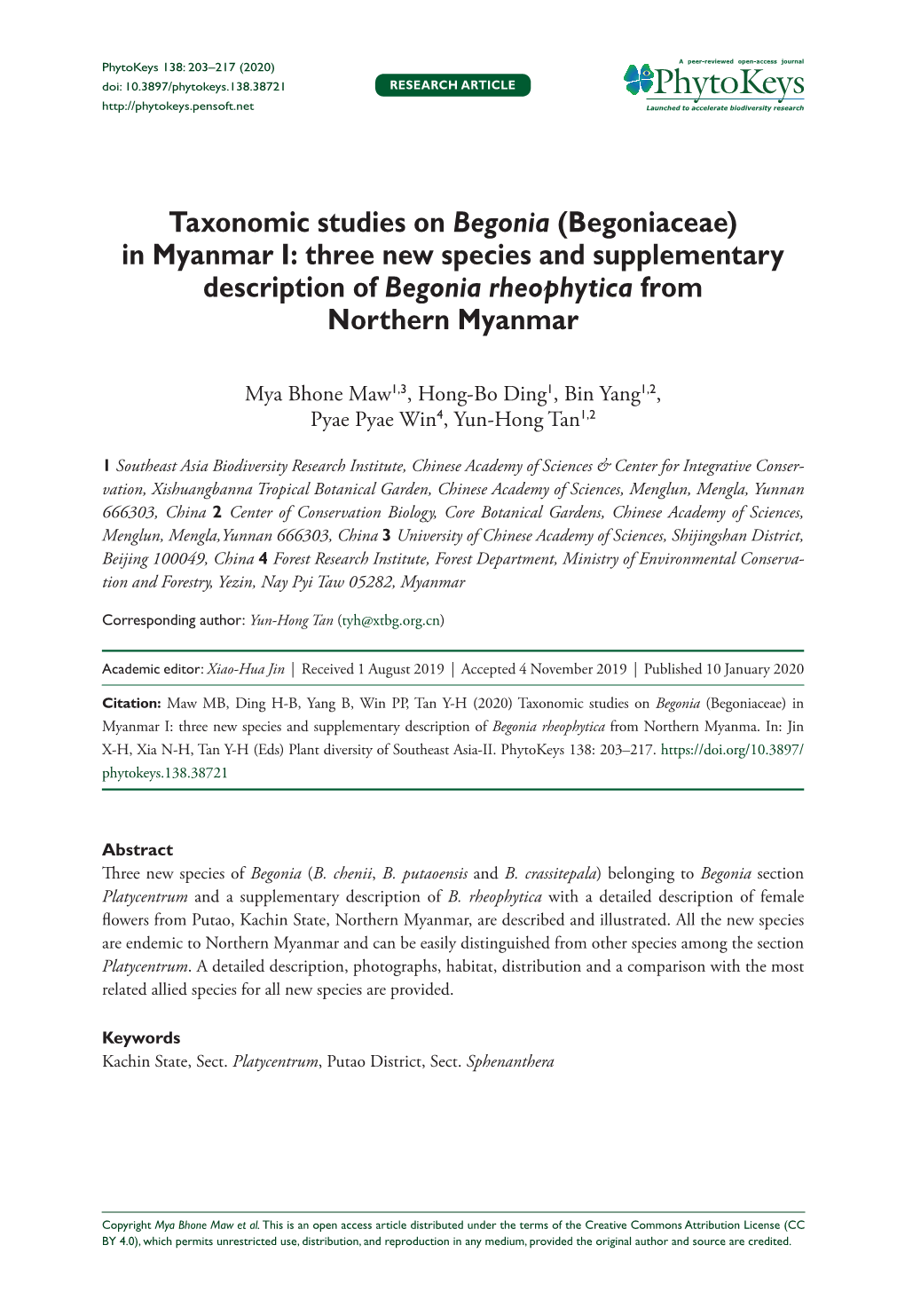 Taxonomic Studies on Begonia (Begoniaceae)