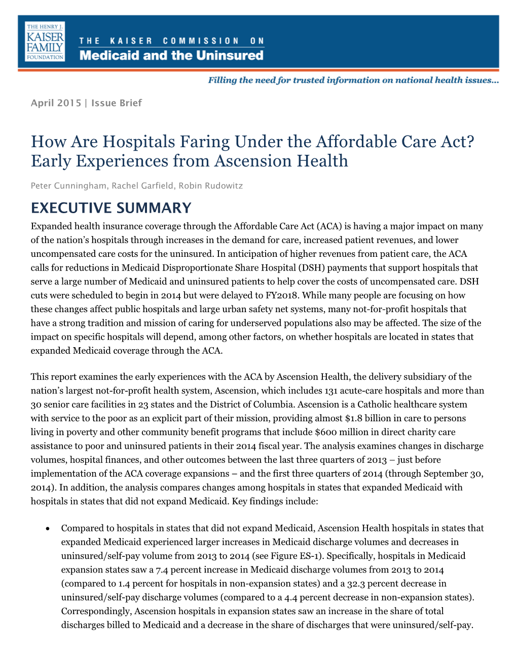 How Are Hospitals Faring Under the Affordable Care Act? Early Experiences from Ascension Health