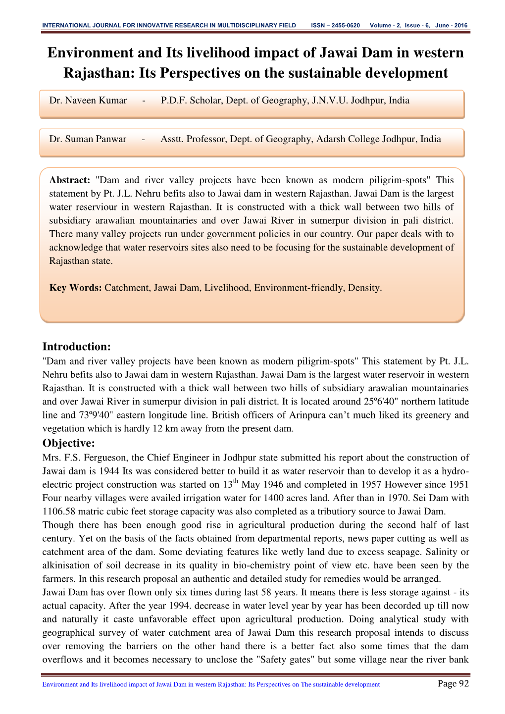 Environment and Its Livelihood Impact of Jawai Dam in Western Rajasthan: Its Perspectives on the Sustainable Development