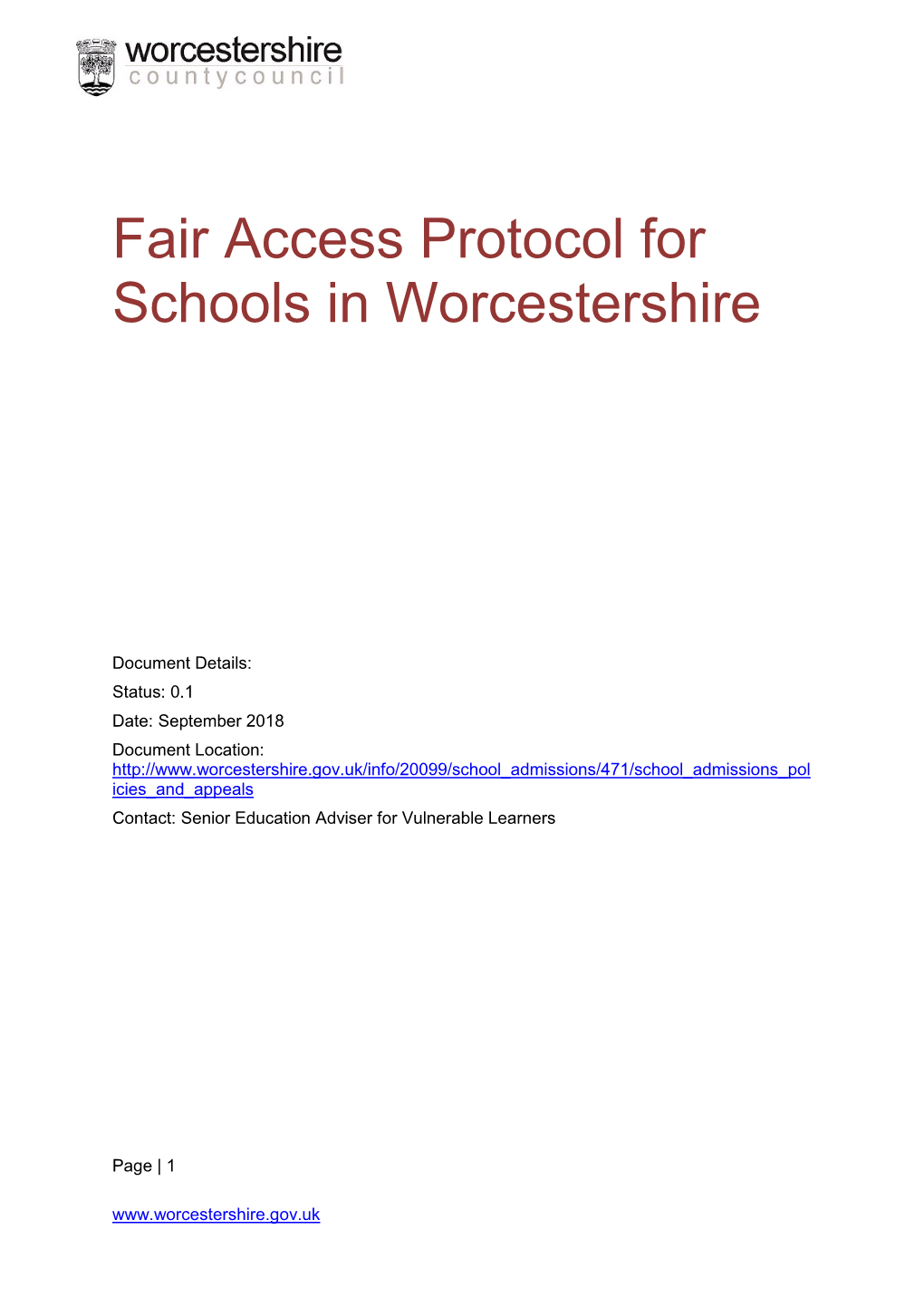 Fair Access Protocol for Schools in Worcestershire