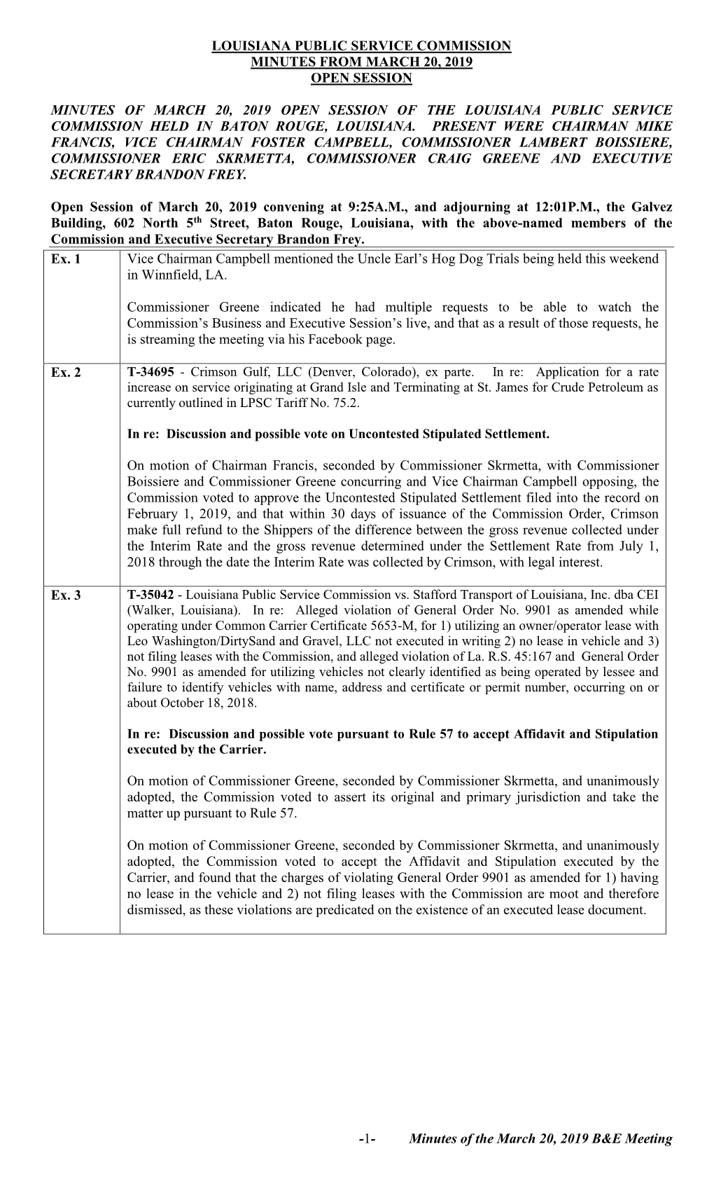 1- Minutes of the March 20, 2019 B&E Meeting LOUISIANA PUBLIC SERVICE COMMISSION MINUTES from MARCH 20, 2019 OPEN SESSION