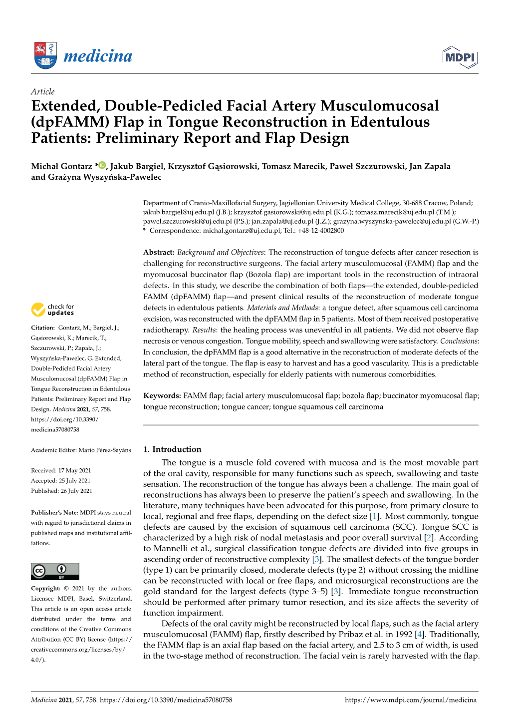 Extended, Double-Pedicled Facial Artery Musculomucosal (Dpfamm) Flap in Tongue Reconstruction in Edentulous Patients: Preliminary Report and Flap Design