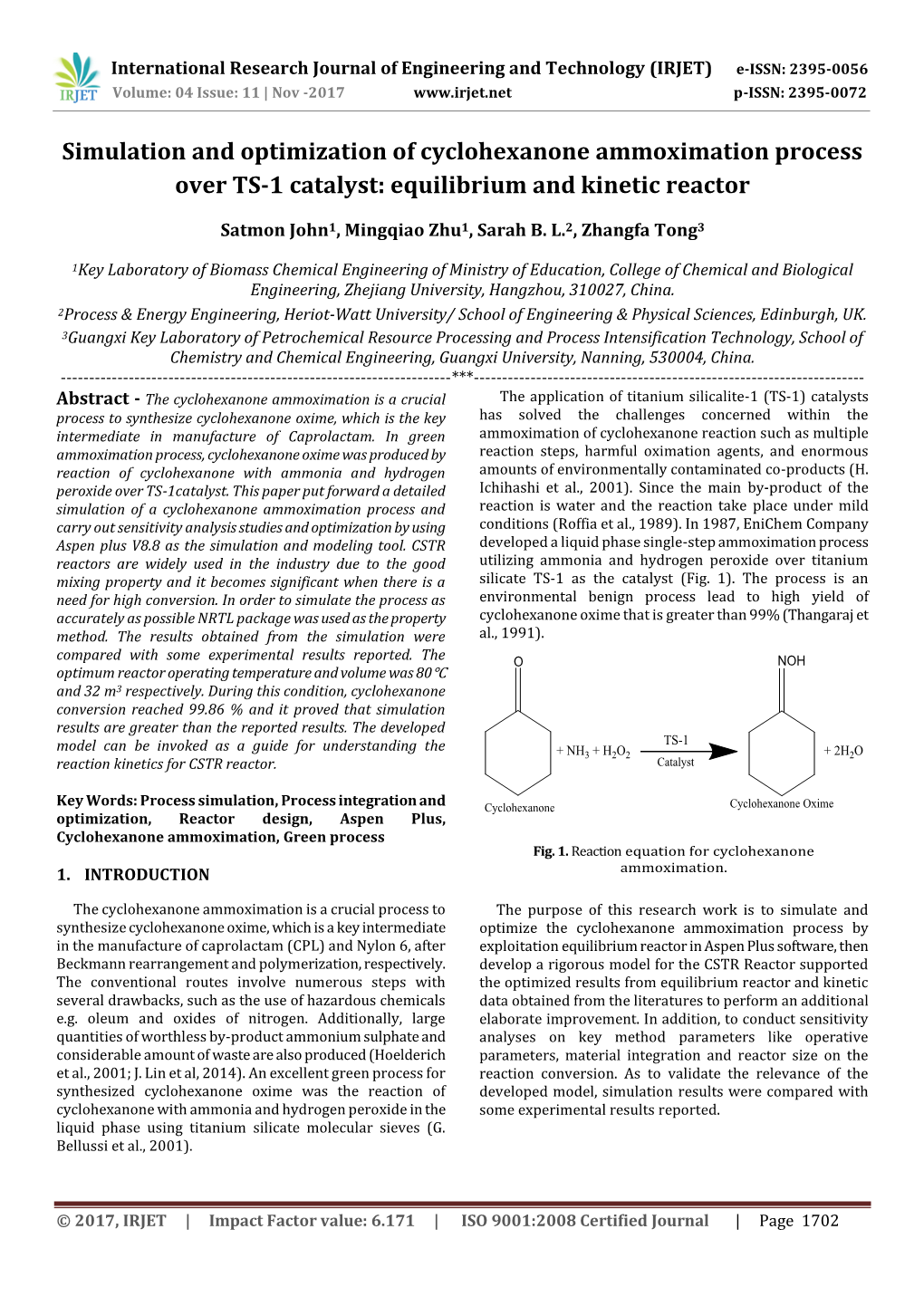 Simulation and Optimization of Cyclohexanone Ammoximation Process Over TS-1 Catalyst: Equilibrium and Kinetic Reactor