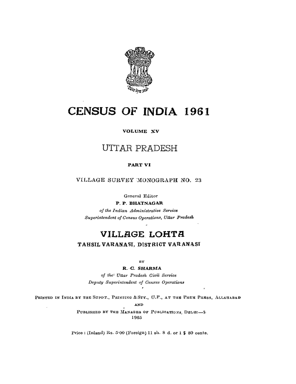 Village Survey Monograph No-23, Village Lohta, Part VI, Vol-XV, Uttar Pradesh