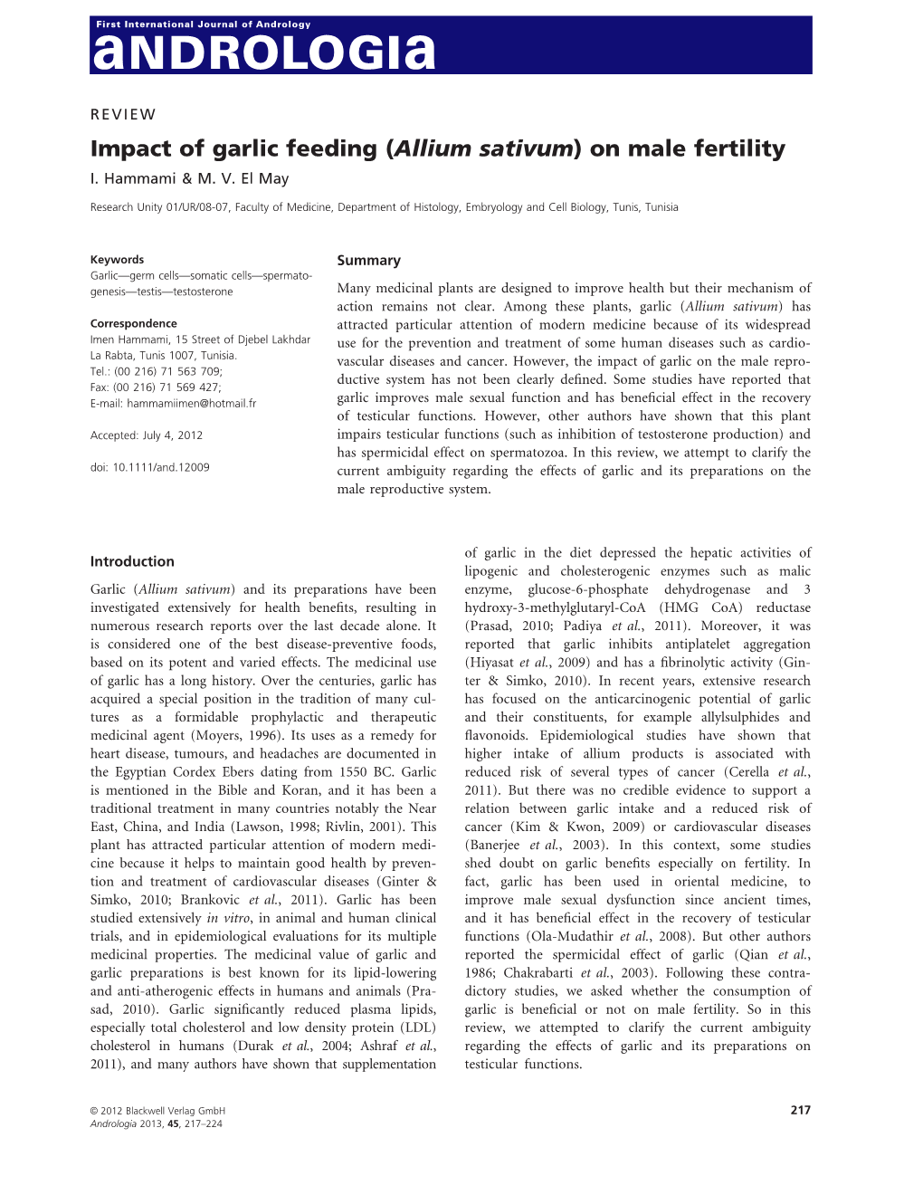 Impact of Garlic Feeding (Allium Sativum) on Male Fertility I