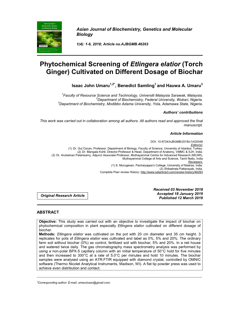 Phytochemical Screening of Etlingera Elatior (Torch Ginger) Cultivated on Different Dosage of Biochar