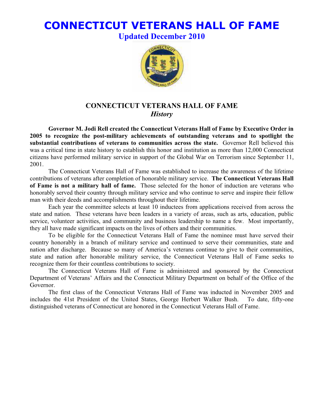 CONNECTICUT VETERANS HALL of FAME Updated December 2010