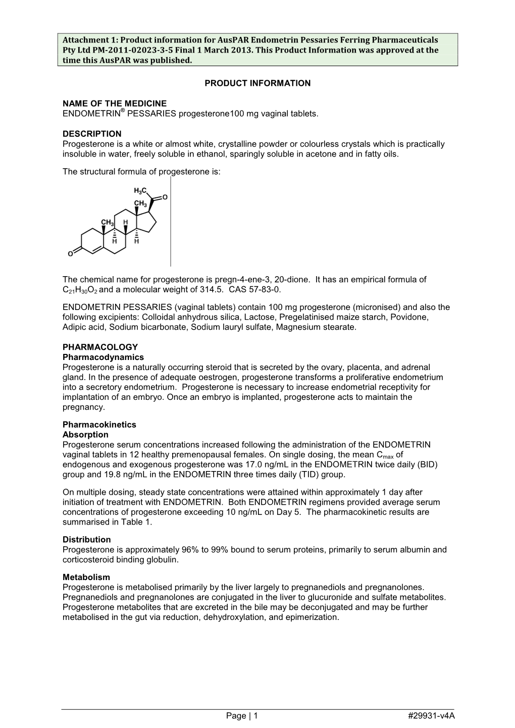 Auspar Attachment 1: Product Information for Endometrin Pessaries Progesterone