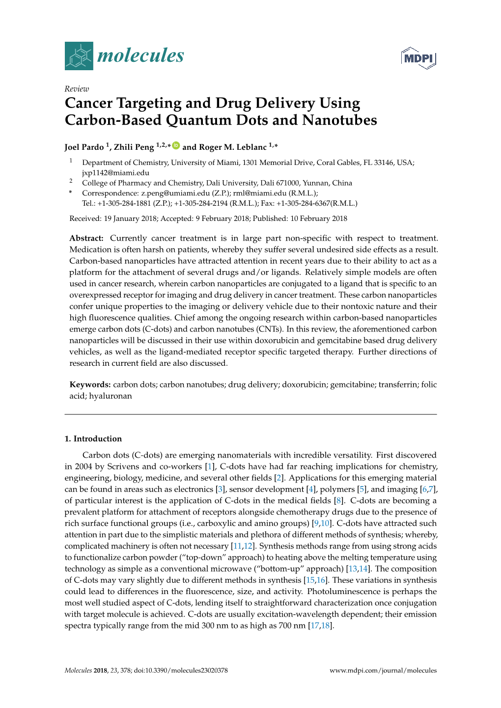 Cancer Targeting and Drug Delivery Using Carbon-Based Quantum Dots and Nanotubes