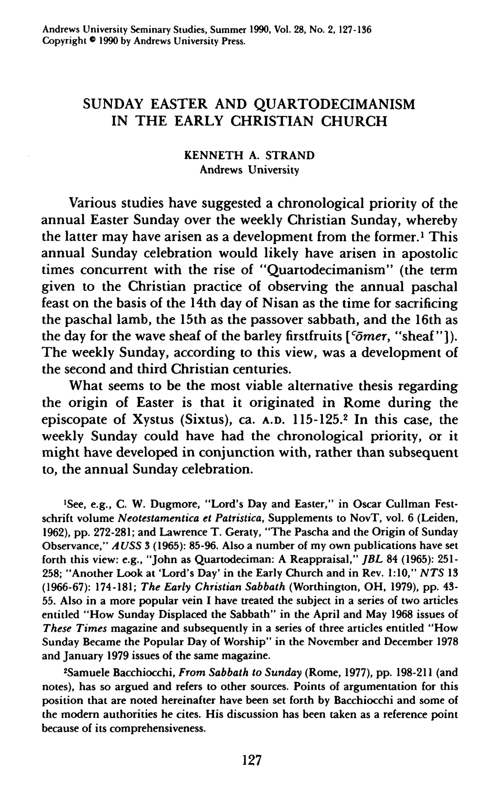 Sunday Easter and Quartodecimanism in the Early Christian Church