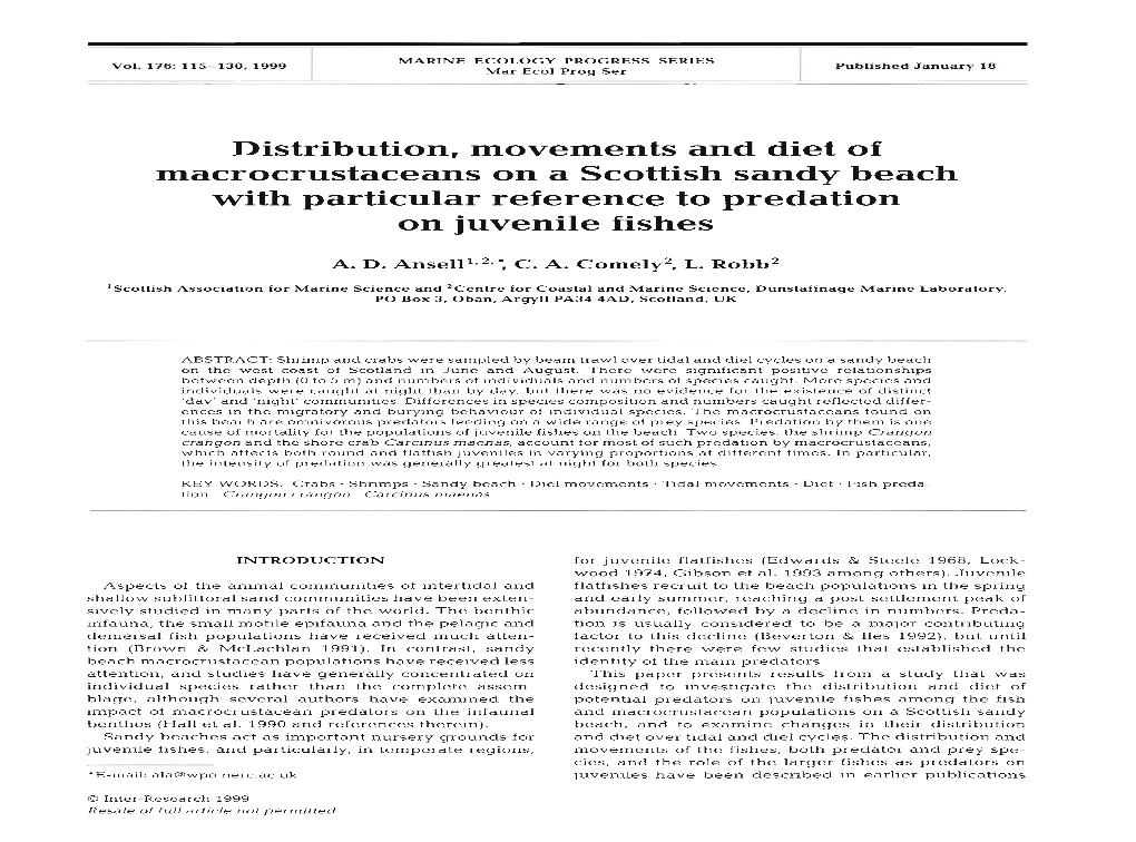 Distribution, Movements and Diet of Macrocrustaceans on a Scottish Sandy Beach with Particular Reference to Predation on Juvenile Fishes