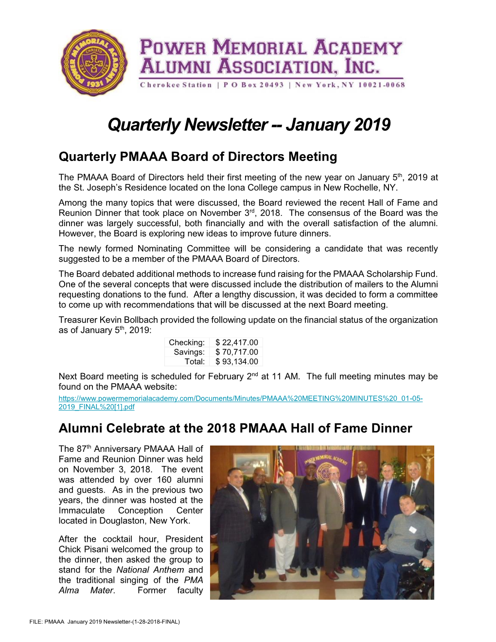 Quarterly Newsletter -- January 2019